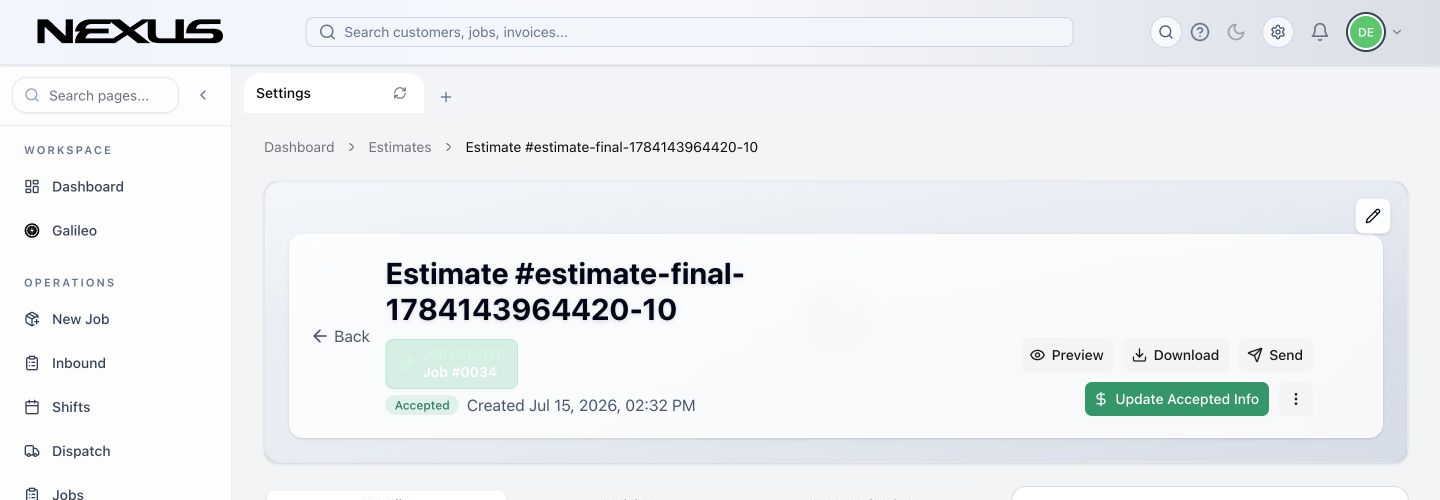 The estimate header with Mark as Accepted and Convert to Job.