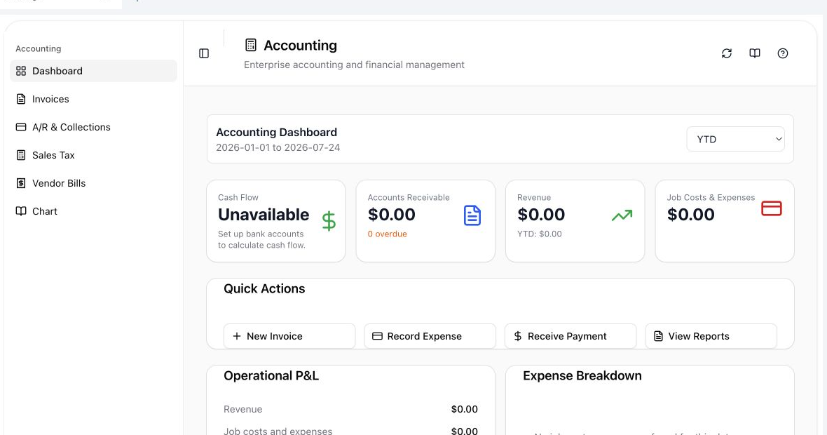 The Accounting Invoices or A/R view with review period, filters, statuses, balances, and record actions.