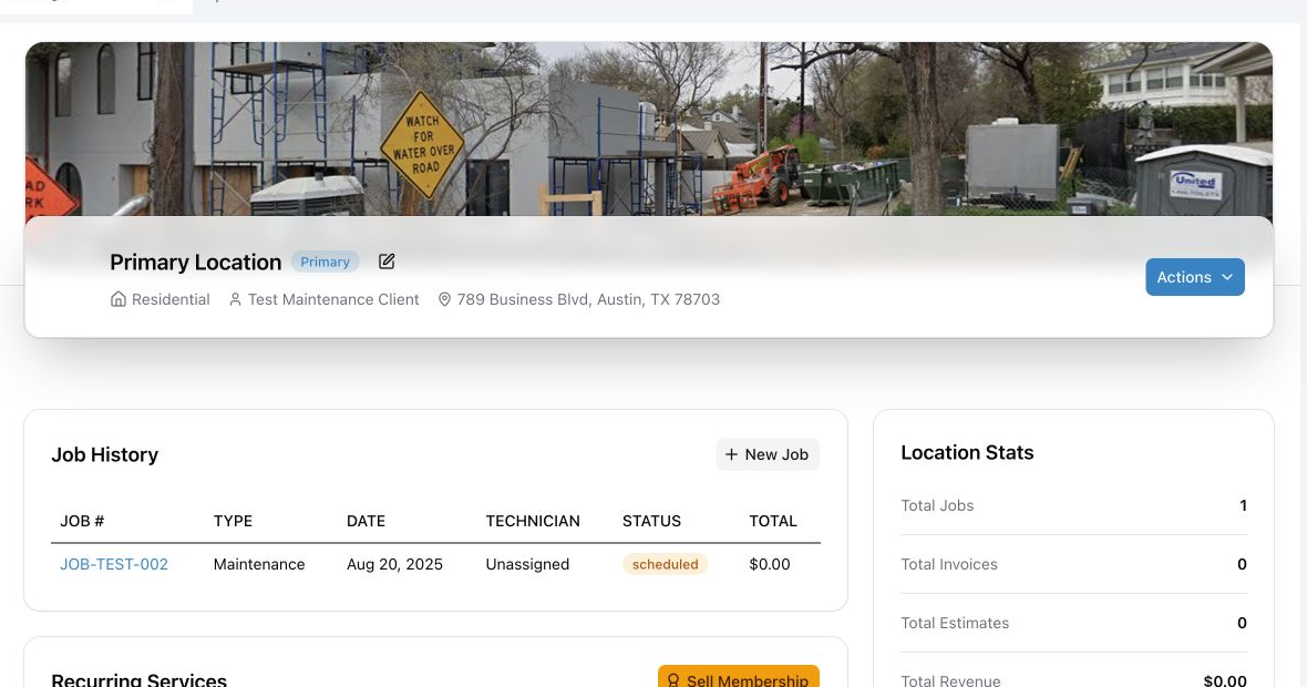 Add Location panel showing address and contact fields.