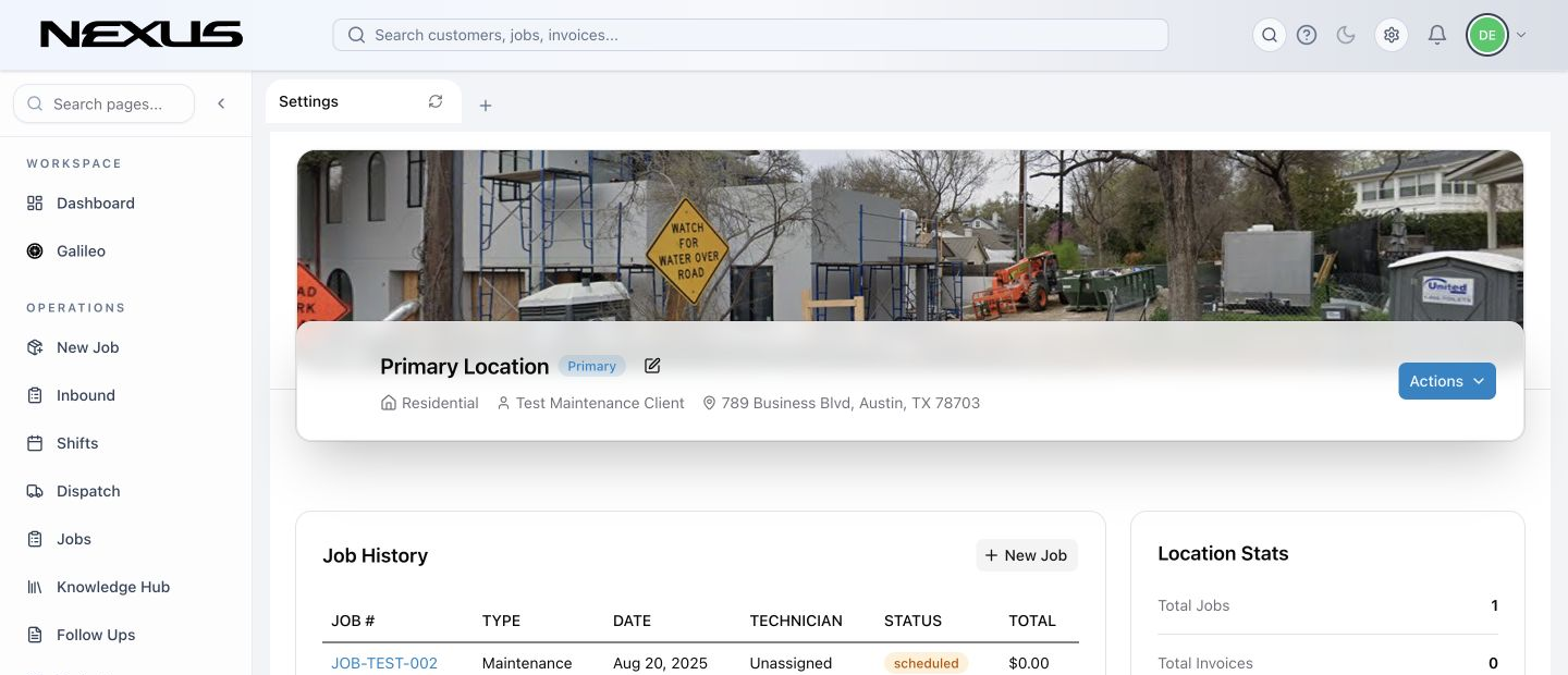 Customer record with the Locations section and Add Location button.