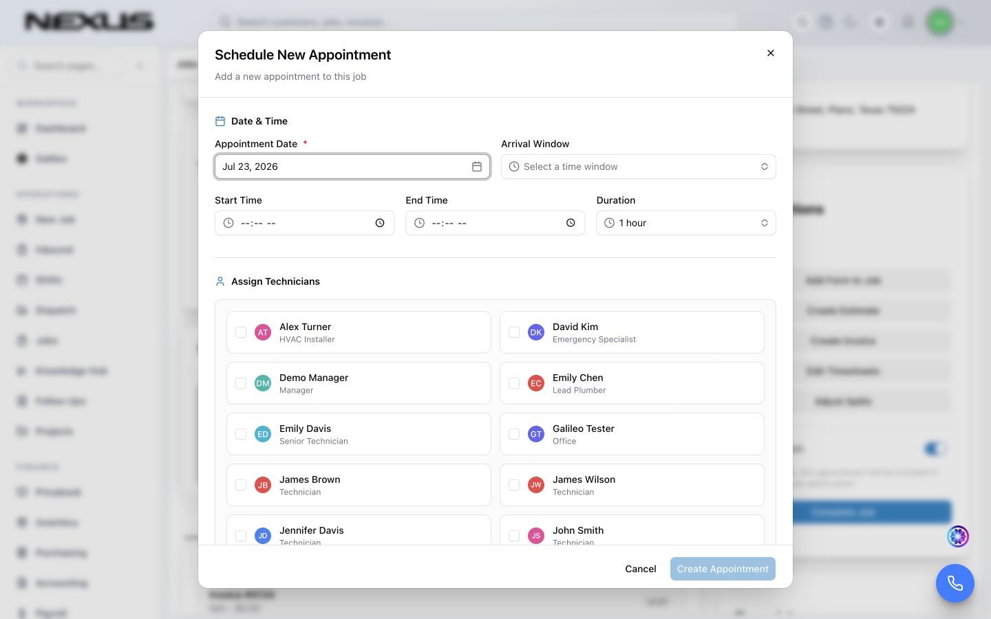 The Schedule New Appointment dialog with date, arrival window, time, duration, technician choices, and special instructions.