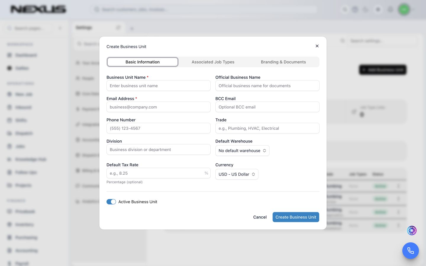 The Create Business Unit dialog on the Basic Information tab.