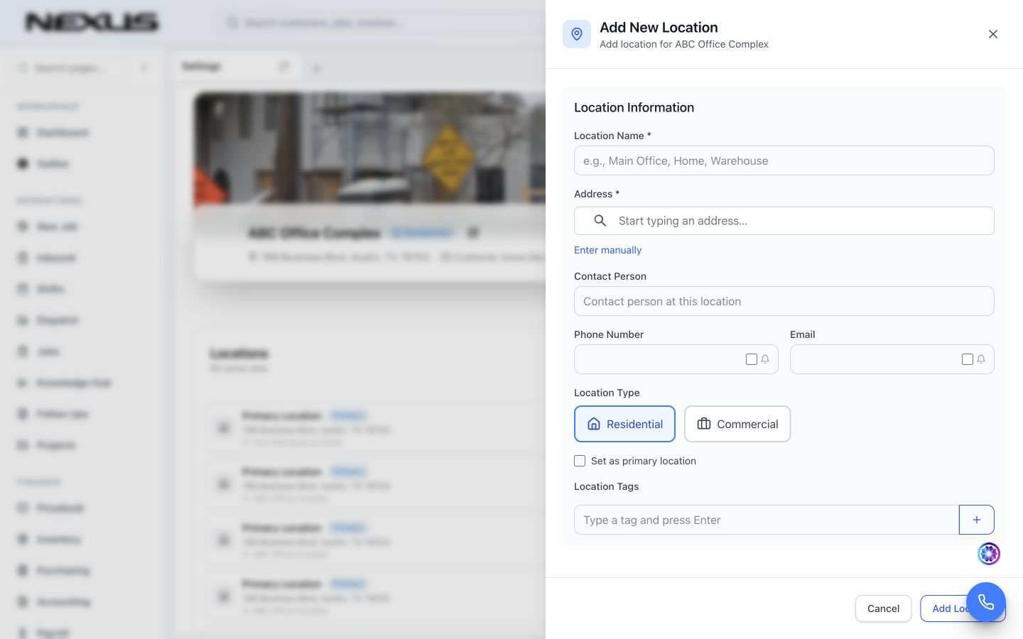 The Add New Location panel showing location name, address, contact information, type, primary-location choice, and tags.