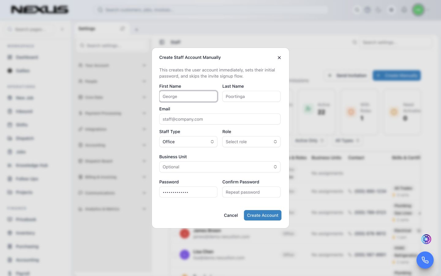 The Create Staff Account Manually window with staff, role, business unit, and password fields.