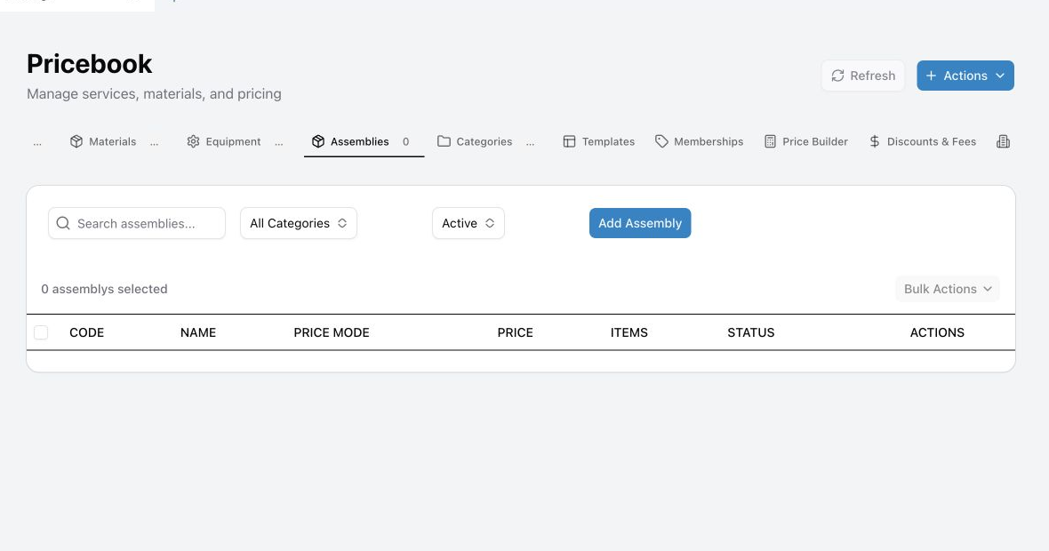 The assembly form showing its identity, pricing mode, and included items.