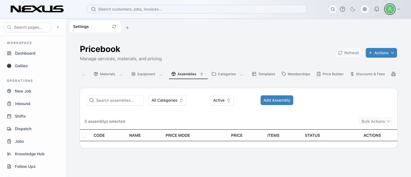 The Assemblies tab with price mode, price, item count, status, and actions.