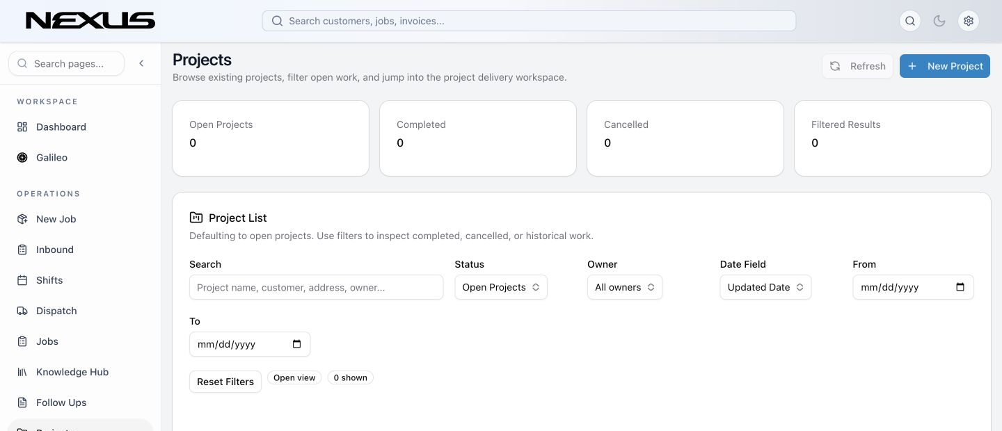A project dashboard with contract, estimate, invoice, payment, and cost summaries.