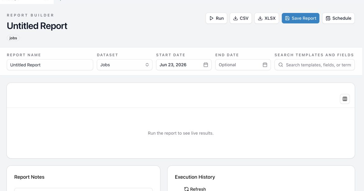 A custom report result table with selected columns, sorting, Report Notes, and execution history.