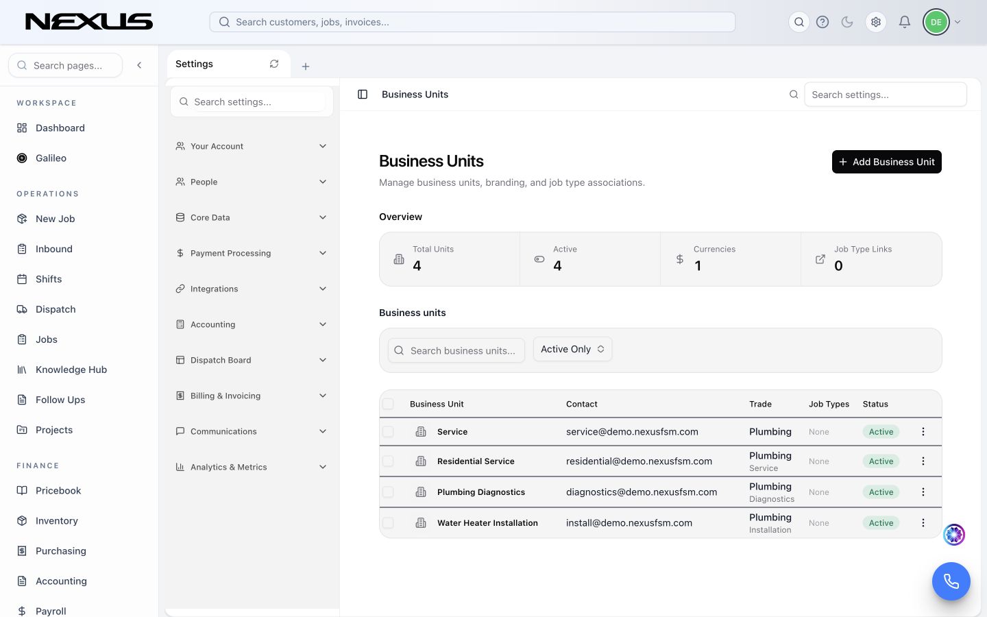 The Business Units settings page showing totals, search and status filters, and active units.