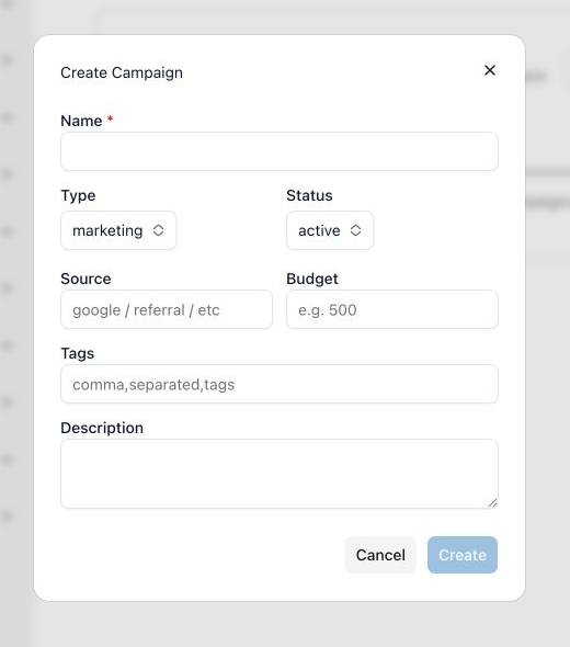 Campaign settings with search, status, source, and campaign actions visible.