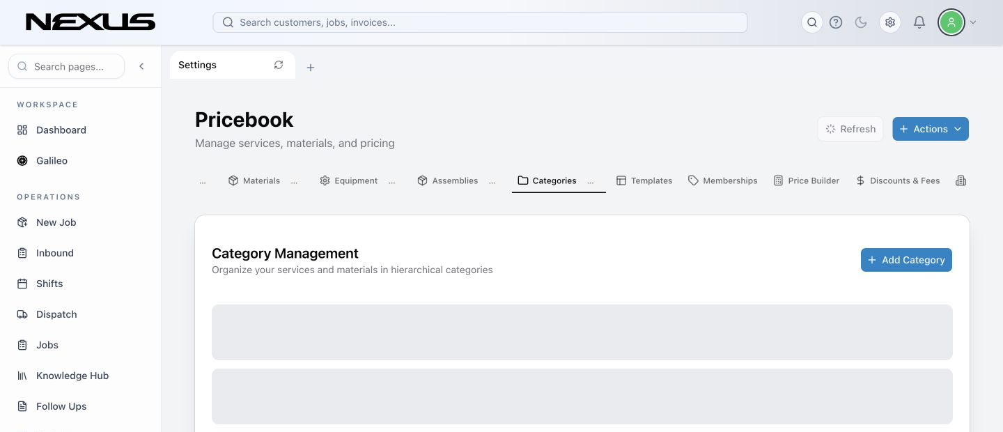 The Categories tab showing the Pricebook category tree and controls.