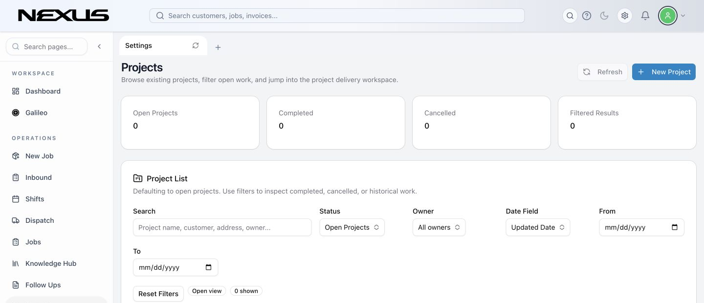 A project Contract page showing contract status, project context, and setup actions.
