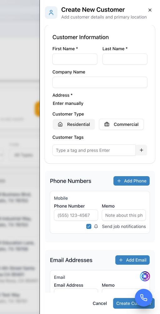 Create New Customer panel with contact and service-address fields.