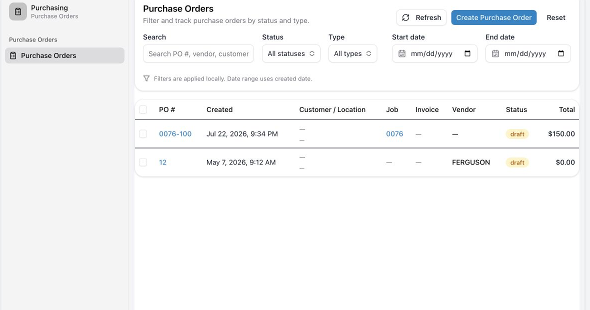 The Create Purchase Order drawer with vendor, ship-to, items, linked records, totals, and notes.
