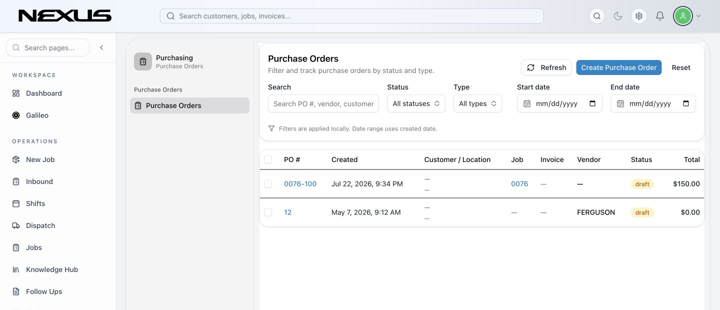 The Purchase Orders workspace with filters, status, total, and Create Purchase Order.