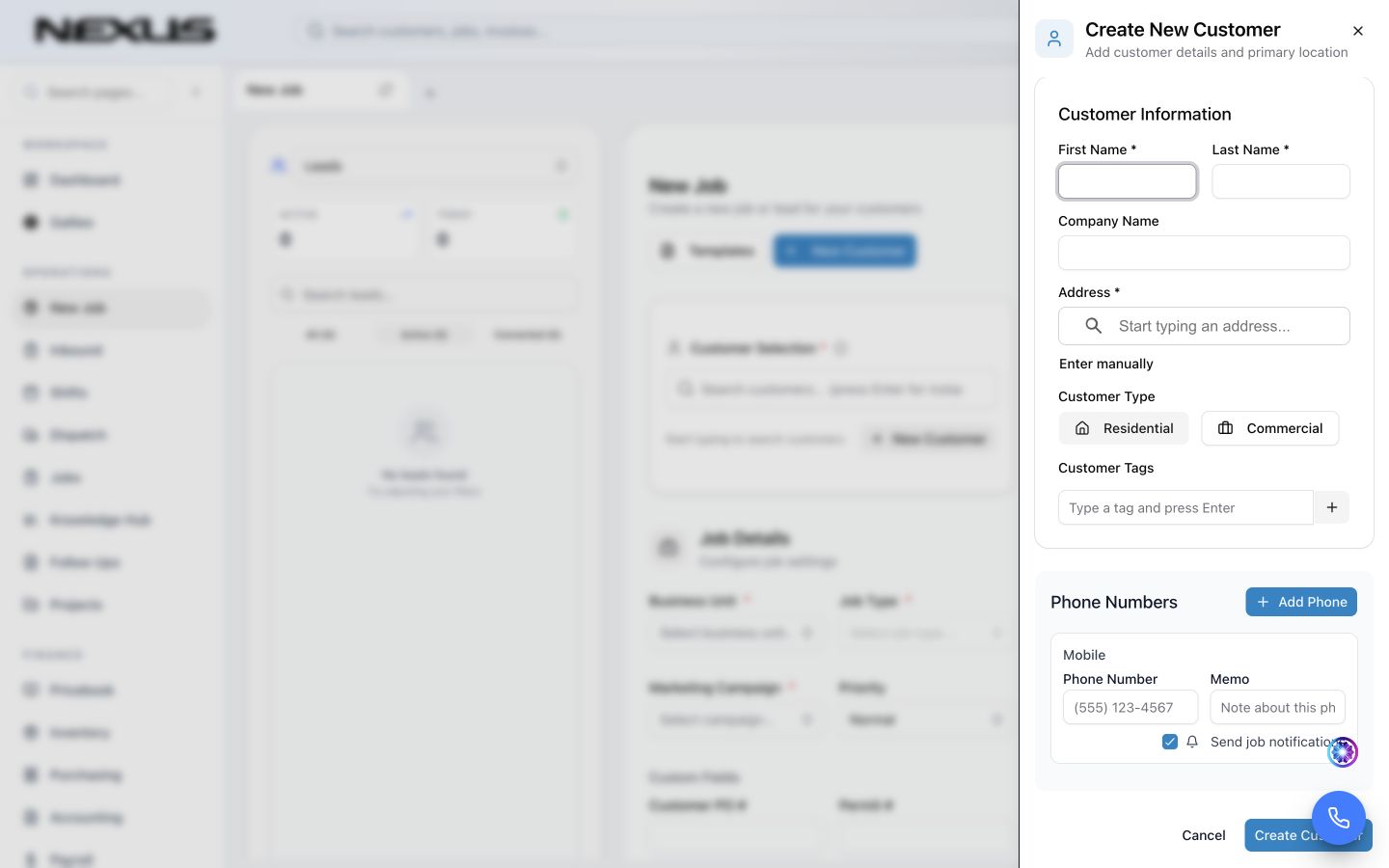 The Create New Customer panel opened from the New Job workspace.