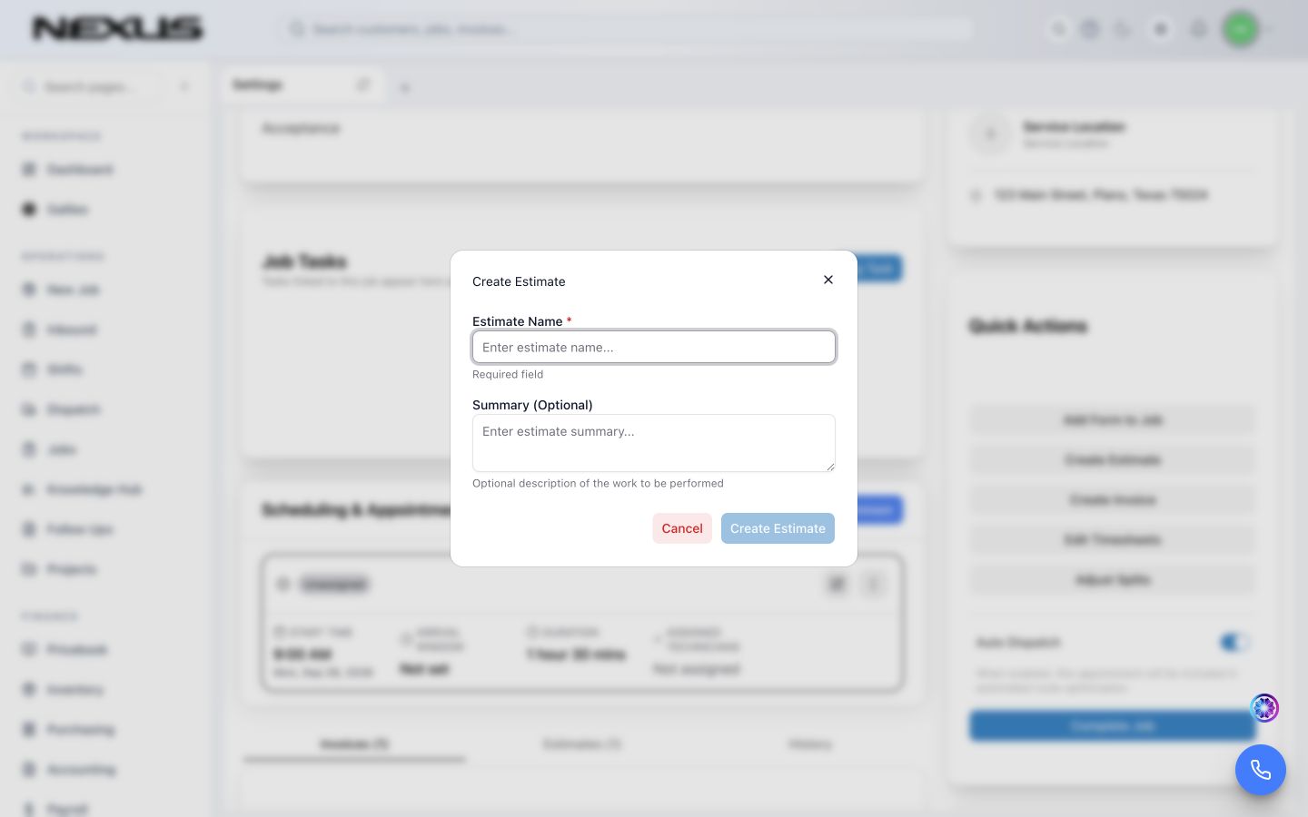 The Create Estimate window opened from Quick Actions in the job workspace.