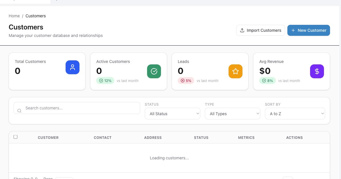 Customer filters and a table row with customer actions.