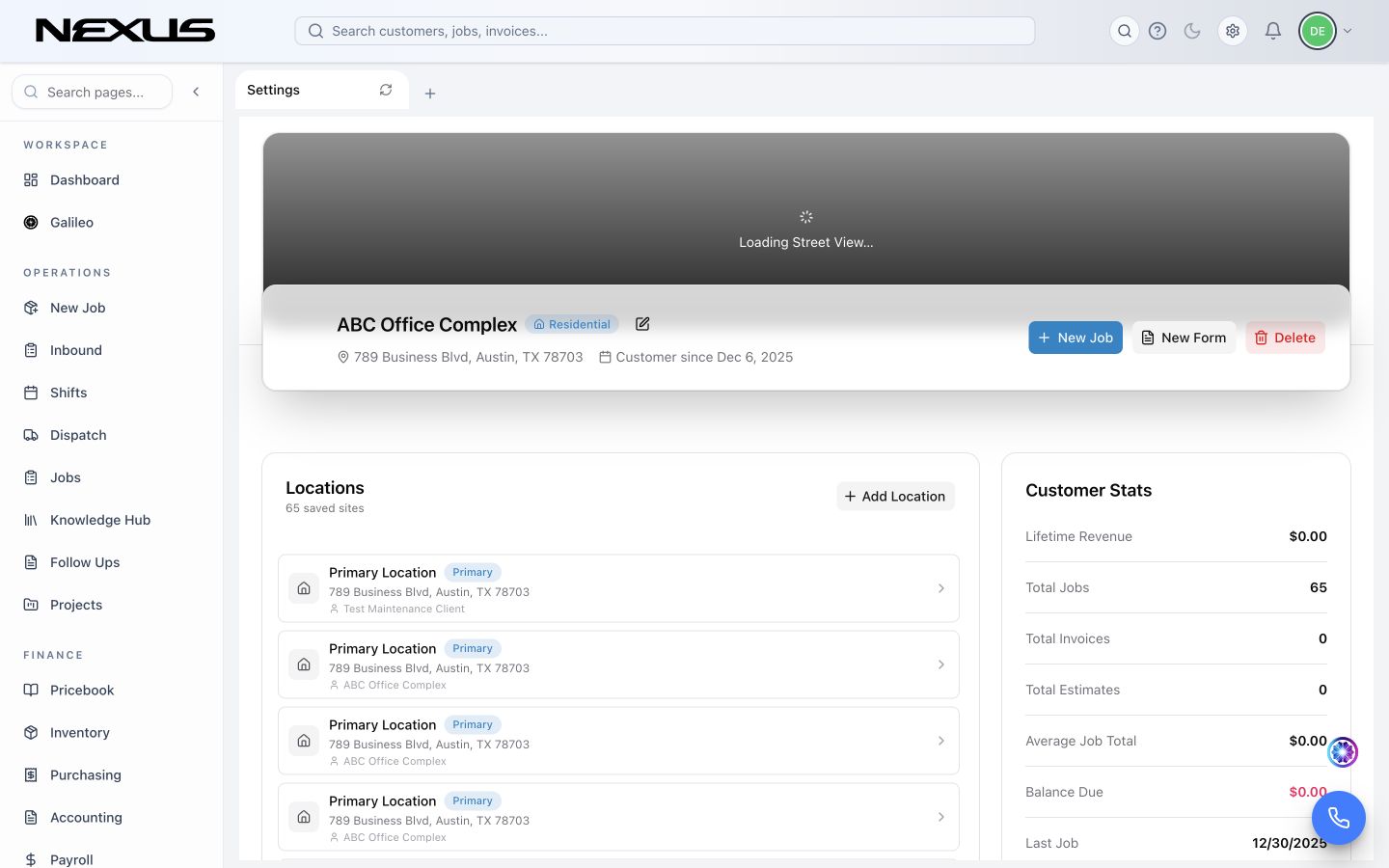 A customer record showing its header, service locations, customer totals, and common actions.