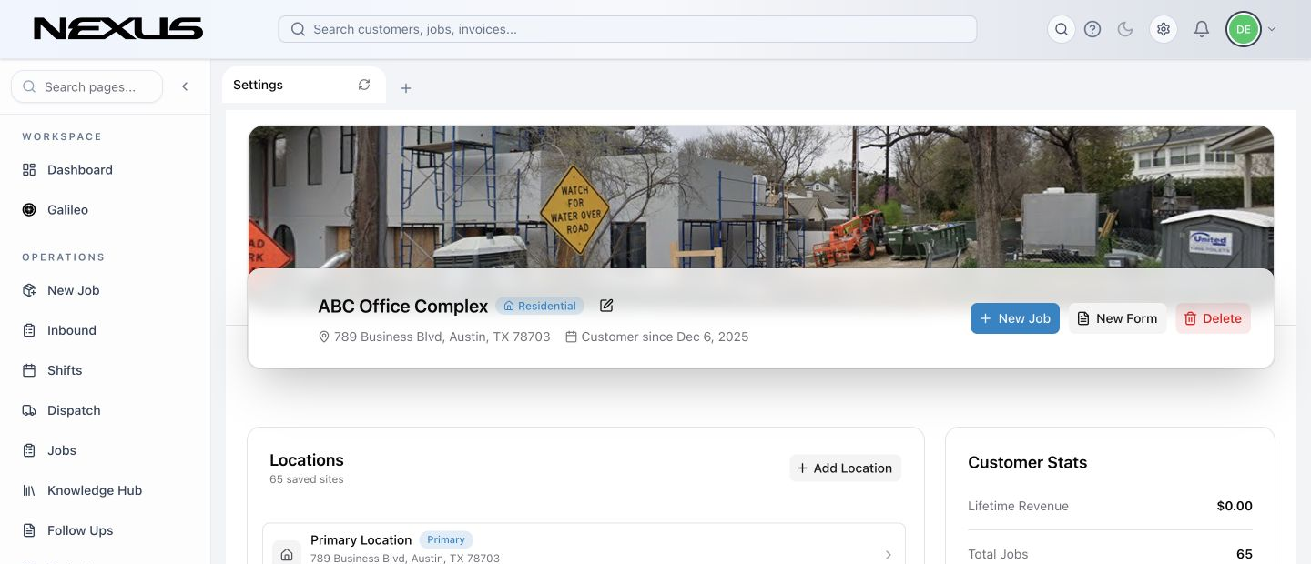 Customer record showing the header, Locations, histories, and summary cards.