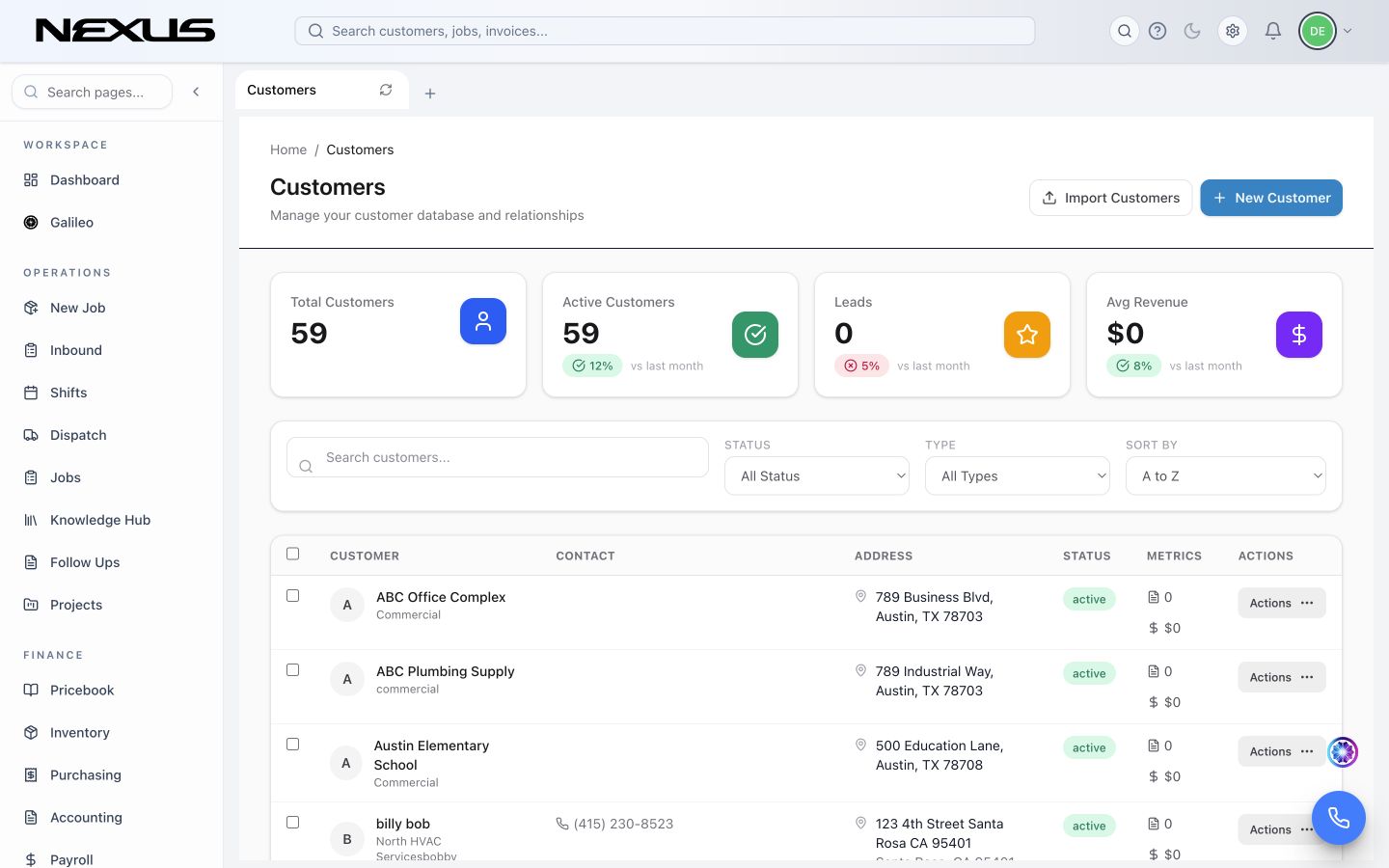The Customers page showing summary totals, search and filter controls, and the customer table.