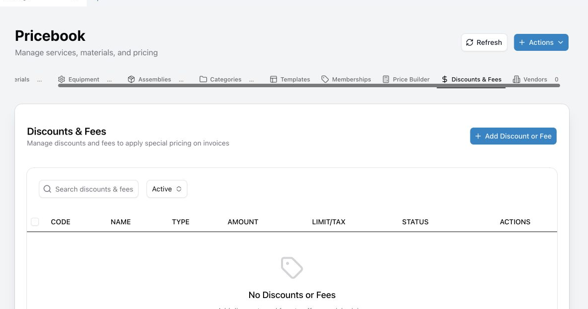 The discount and fee form showing type, code, amount, limits, tax, and active status.