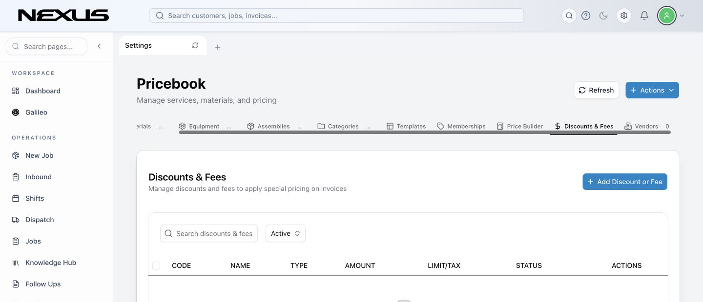 The Discounts &amp; Fees tab with saved adjustments and add controls.