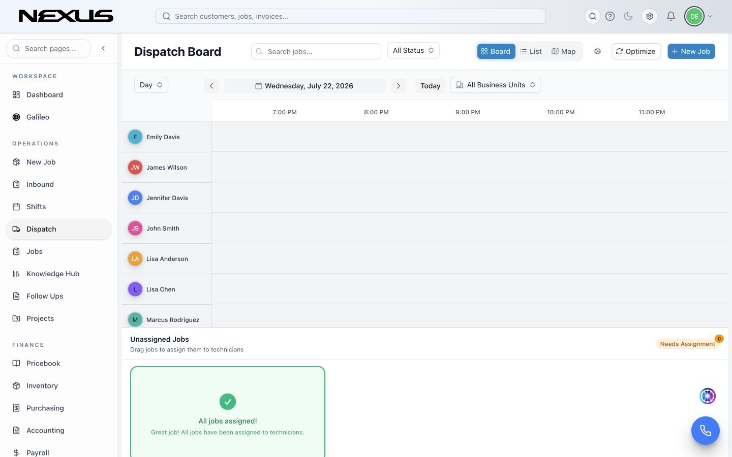 The Dispatch Board showing search, status and business-unit filters, view controls, technician timelines, and Unassigned Jobs.