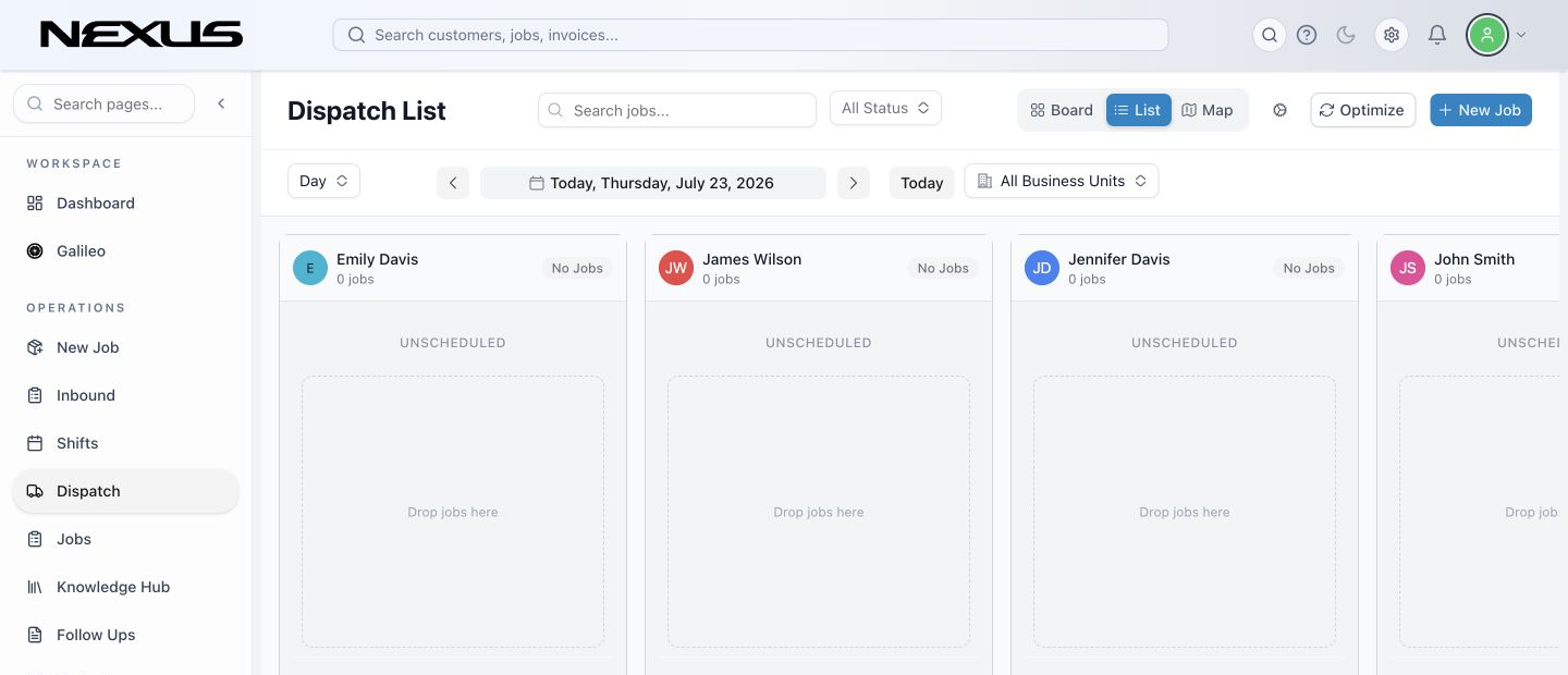 The Dispatch List with technician columns, date navigation, view mode, and filters.