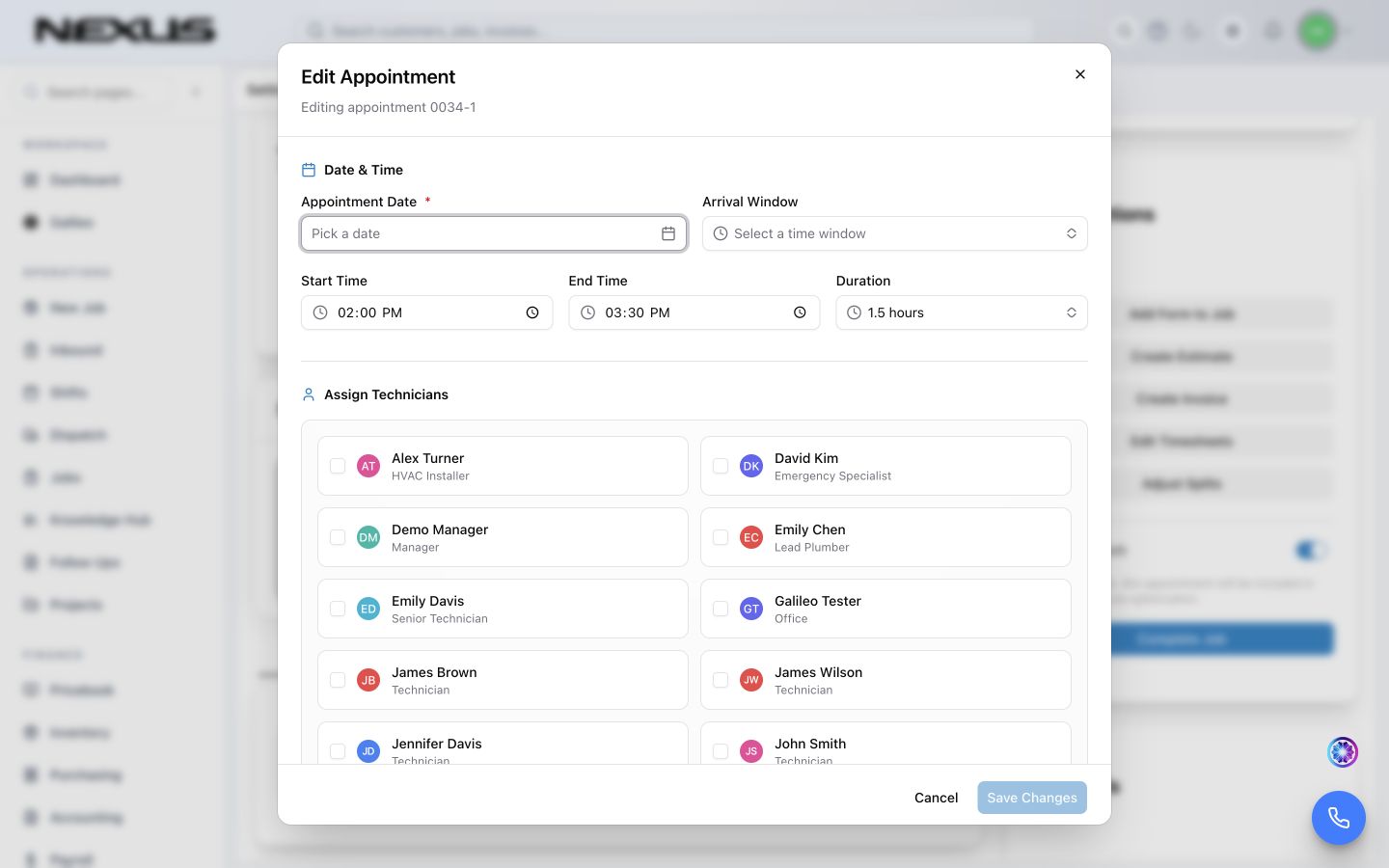 The Edit Appointment dialog with Appointment Date, Arrival Window, Start Time, End Time, and Duration.