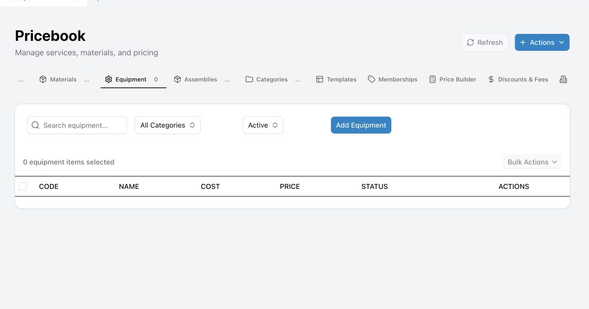 The equipment form showing identity, cost, price, member price, and supplier details.