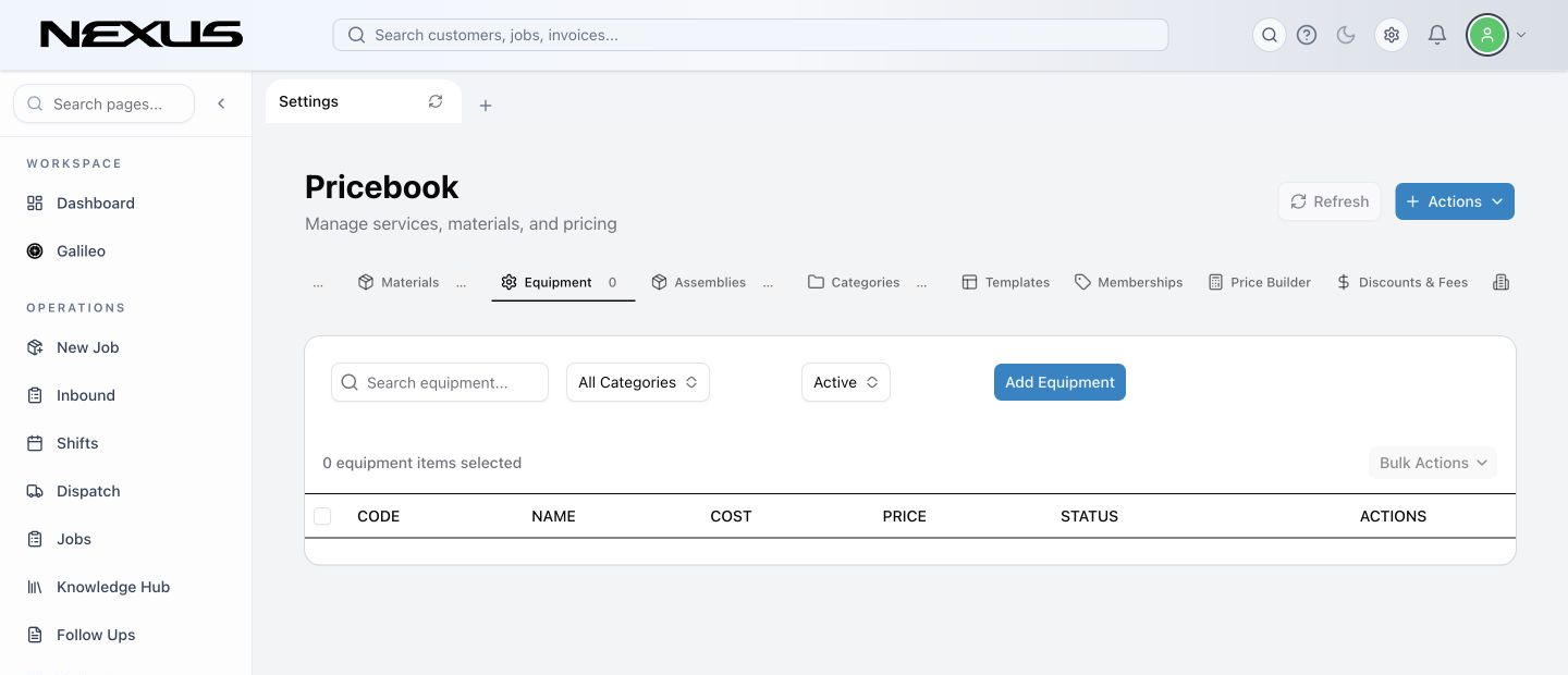 The Equipment tab with search, category, status, and Add Equipment controls.