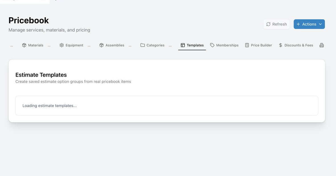 The estimate template builder with option controls, line-item sections, cover photo, and totals.