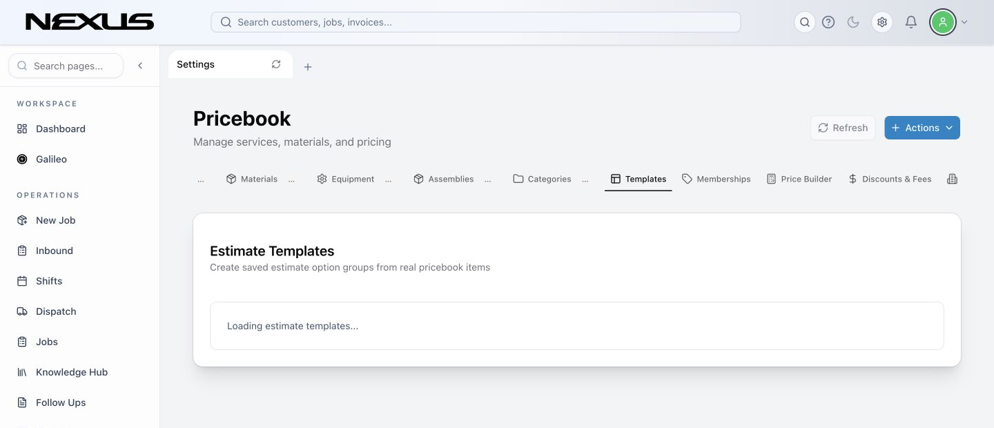 The Templates tab showing the saved estimate template library and Create Template.