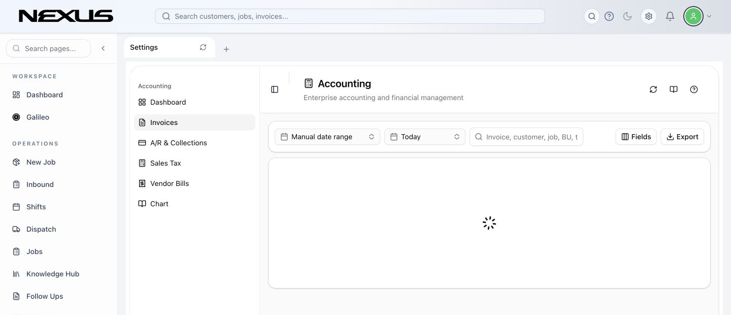 The Accounting Invoices view with review period, date, search, columns, and invoice rows.
