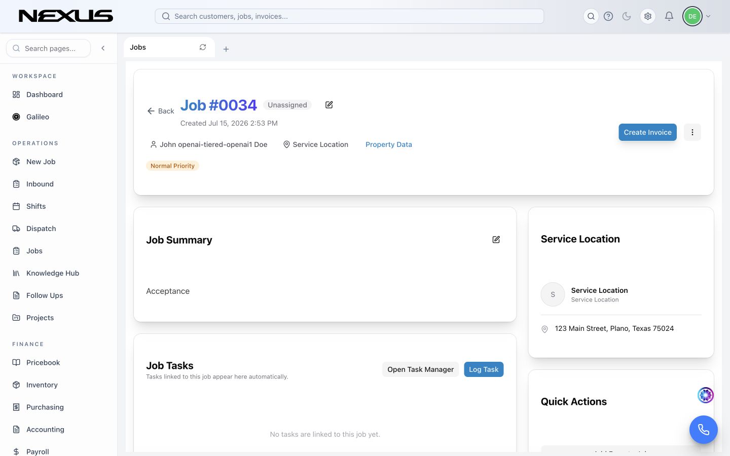 A job workspace showing the job header, summary, tasks, location, and quick actions.