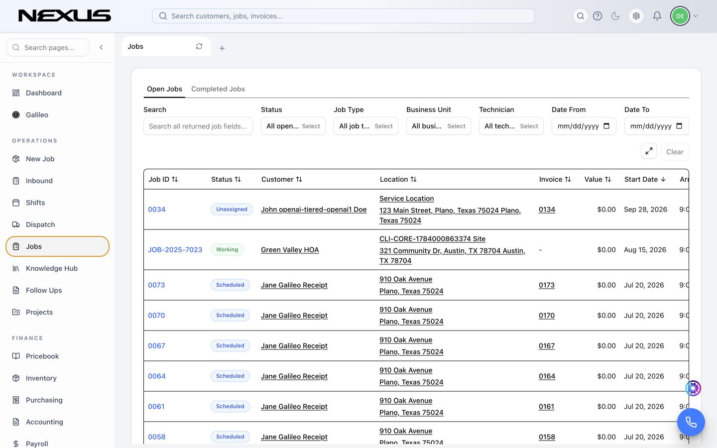 The Jobs page with Open Jobs selected, filter controls, and the jobs table.