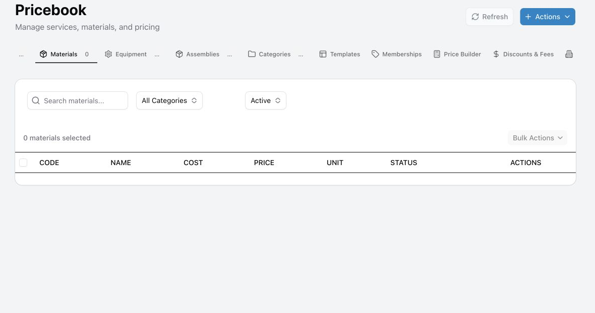 The material form showing code, vendor, cost, price, tax, and inventory fields.