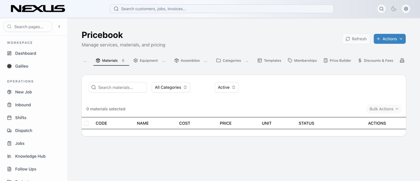 The Materials tab with its search, category, status, and bulk-action controls.