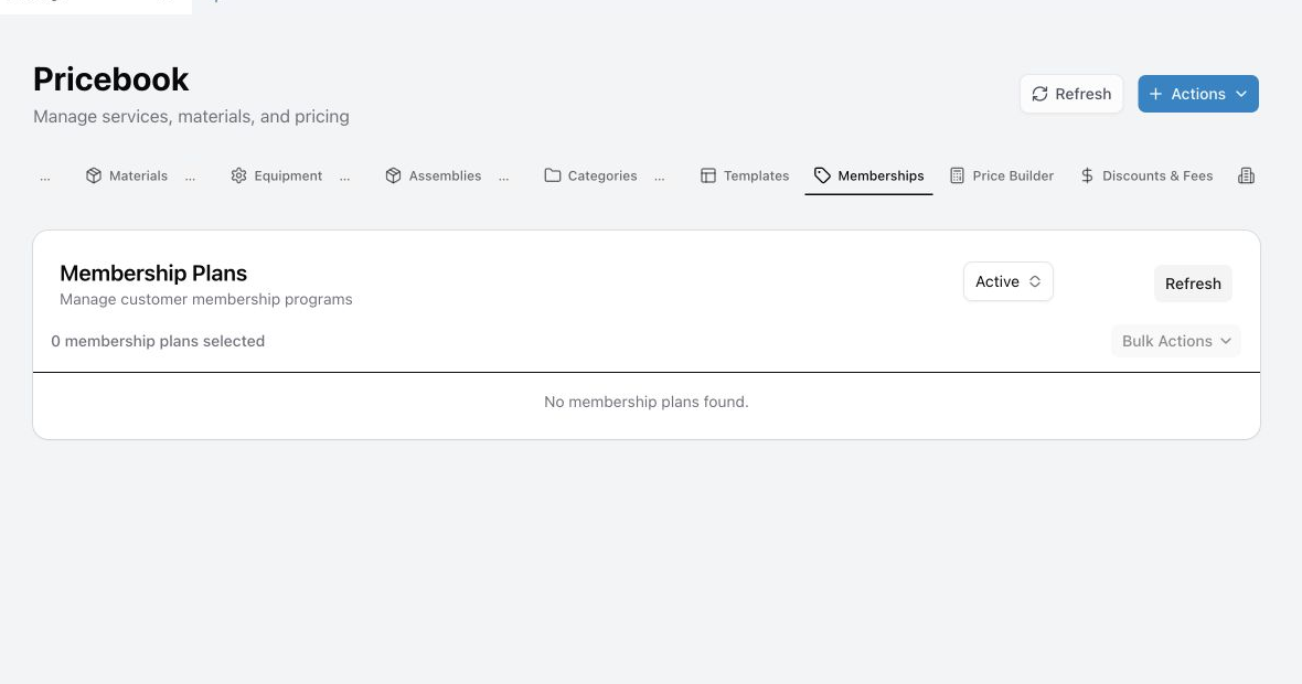 The membership form with plan type, billing frequency, prices, coverage, and active status.
