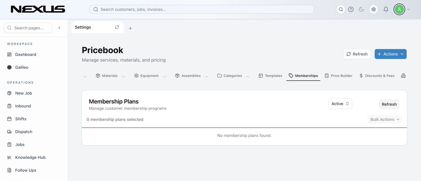 The Memberships tab showing available plans, status, pricing, and actions.