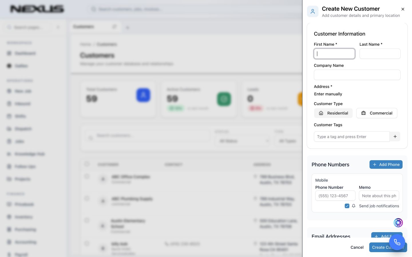 The Create New Customer panel showing customer information, phone numbers, email addresses, and service-address choices.