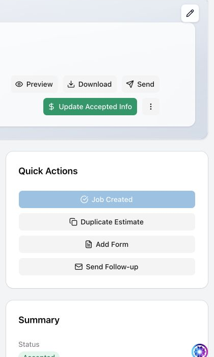 An estimate detail page showing its header, Details tab, line items, summary, and Quick Actions.