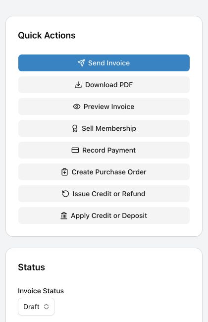 An invoice detail page showing customer information, invoice details, line items, payment summary, and Quick Actions.