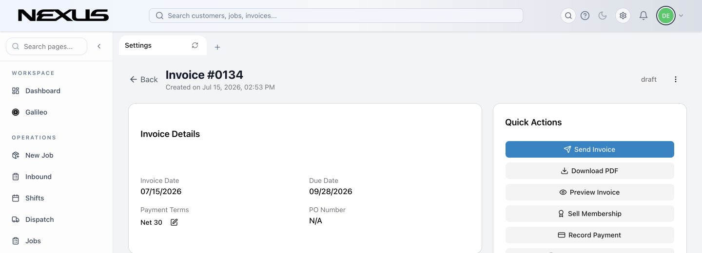 The Accounting Invoices list with lifecycle, accounting, date, and search controls.