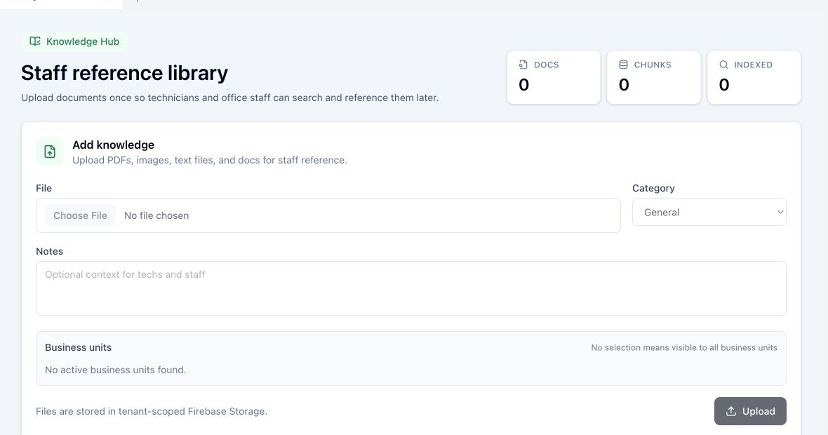 The Add knowledge panel with File, Category, Notes, Business units, and Upload.