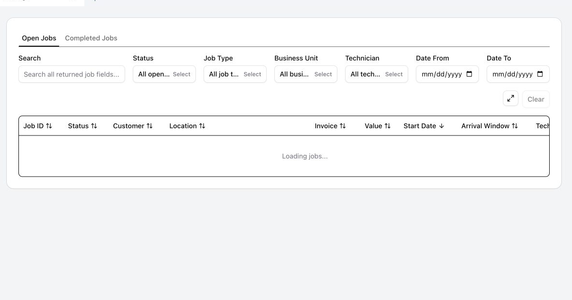 A close-up of the Jobs search, multi-select filters, date fields, expand control, and Clear button.