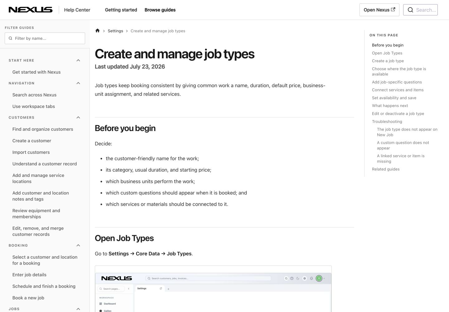 A Nexus Help Center article with breadcrumbs, the page outline, screenshots, and related-workflow links.