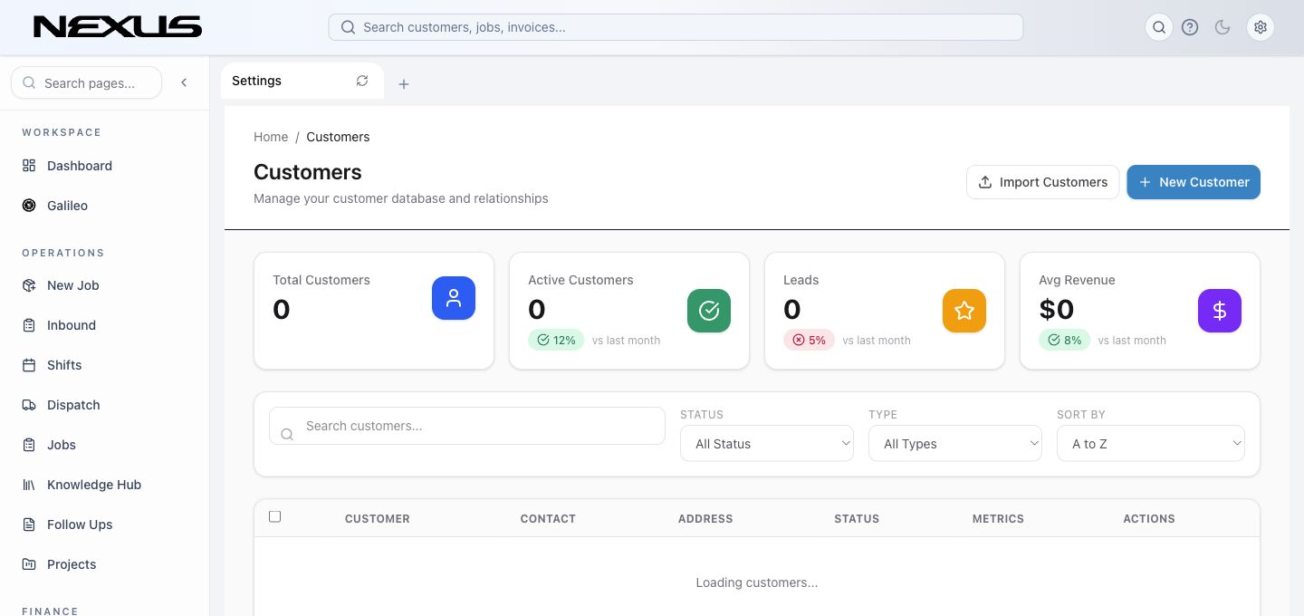 The Customers directory with search, filters, summary totals, and customer actions.
