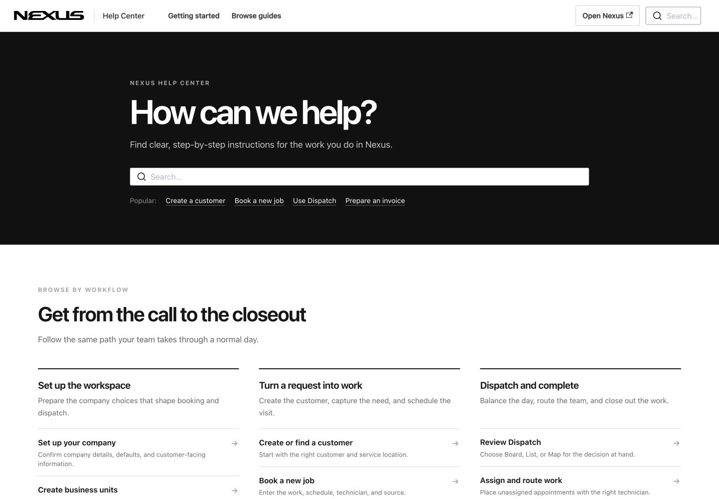 The Nexus Help Center home page with search and workflow categories.